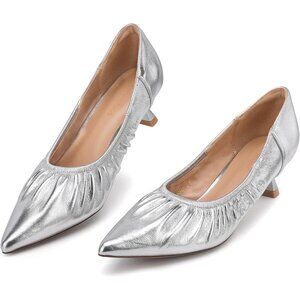 🆕 Silver Kitten Heel Pleated Wedding Pumps Pointed Toe Slip On Dress Shoes